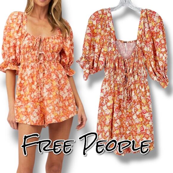 Free People Pants - Free People Show Me Love Romper Orange Floral Puff Sleeve Smocked Womens Size S